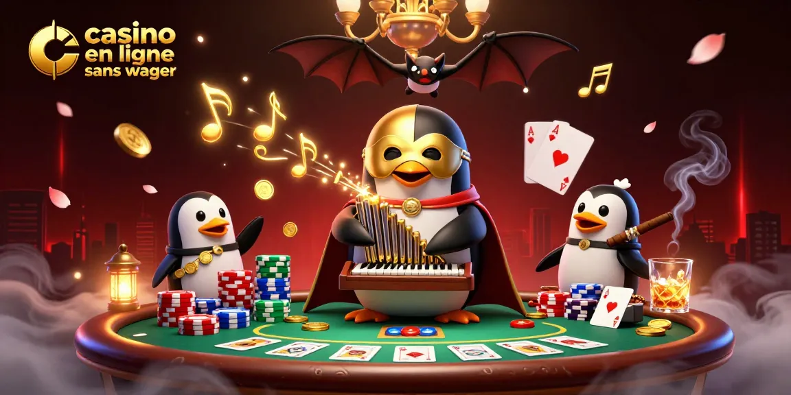 Casino en ligne sans wager exprimant des gains immédiats avec un pingouin musicien et une ambiance de jeu.