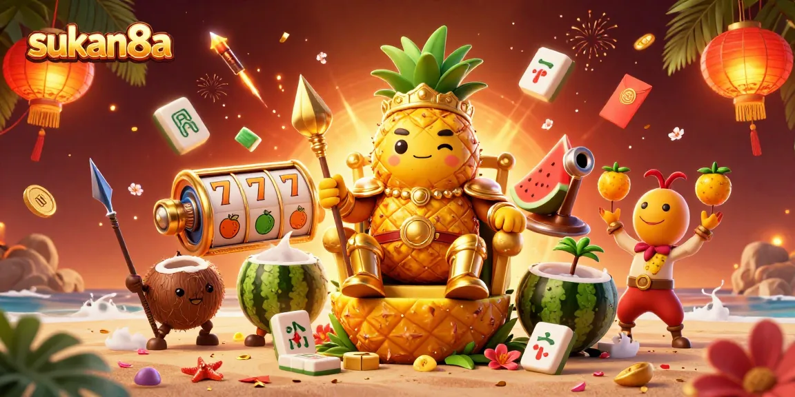 Sukan8a's vibrant beach casino scene featuring a golden pineapple king and playful game elements.