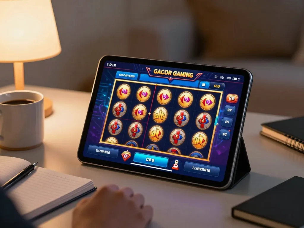 Engaging in online gaming with the link gacor slot interface displayed on a tablet, showcasing a strategic home setup