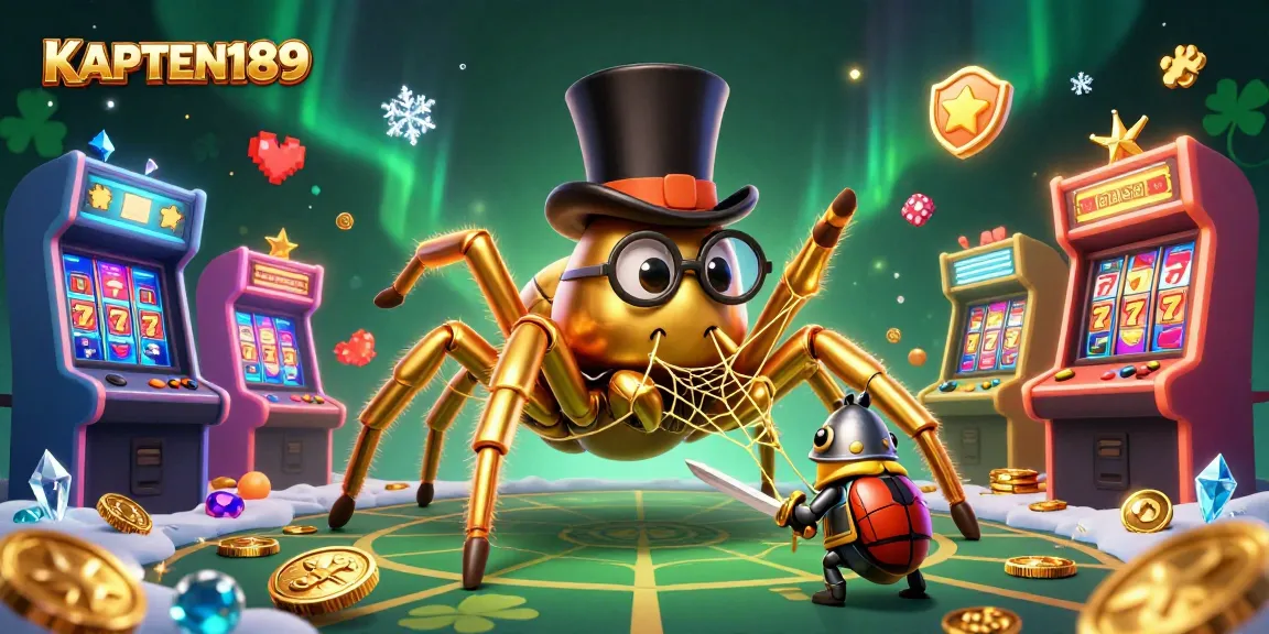 KAPTEN189 menampilkan ilustrasi kasino digital 3D dengan tarantula emas dan ksatria kecil yang beraksi.