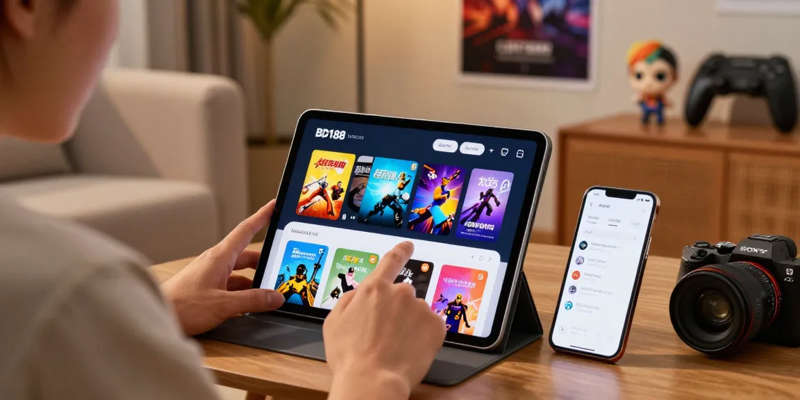 Ang user sa bd188 platform, nag-e-explore ng mga laro sa tablet habang nasa cozy living room.
