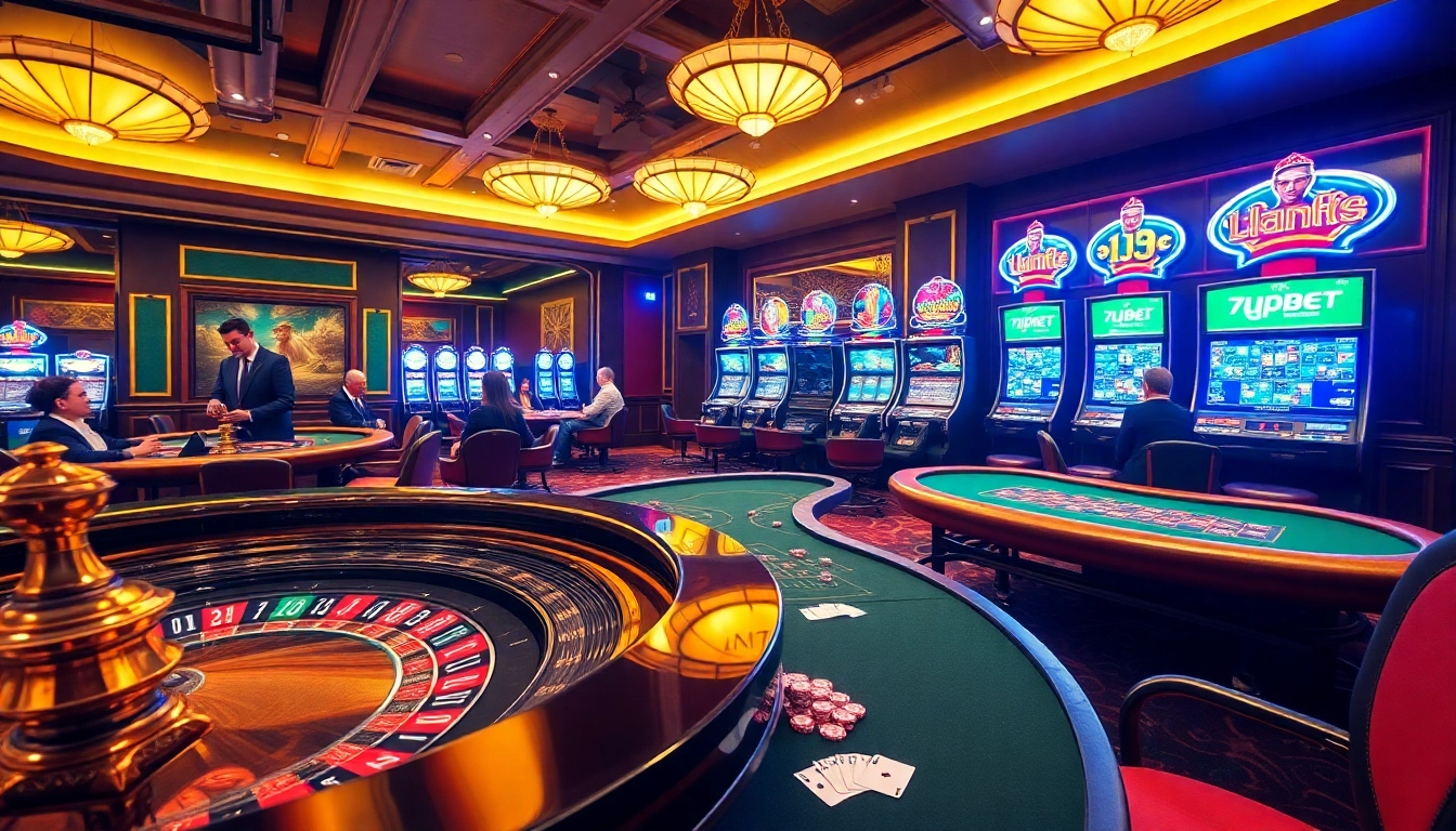 Players enjoy thrilling games at 7upbet casino, featuring roulette and poker tables.