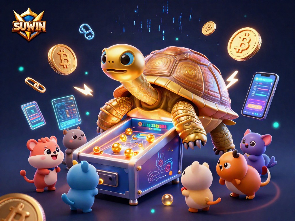 Suwin offers thrilling gameplay with a vibrant 3D illustration featuring a golden tortoise pinball and cryptocurrency elements.