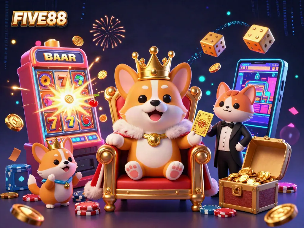 Engage with FIVE88’s online gaming excitement in this vibrant 3D illustration depicting a royal corgi, golden cards, and jackpot elements.