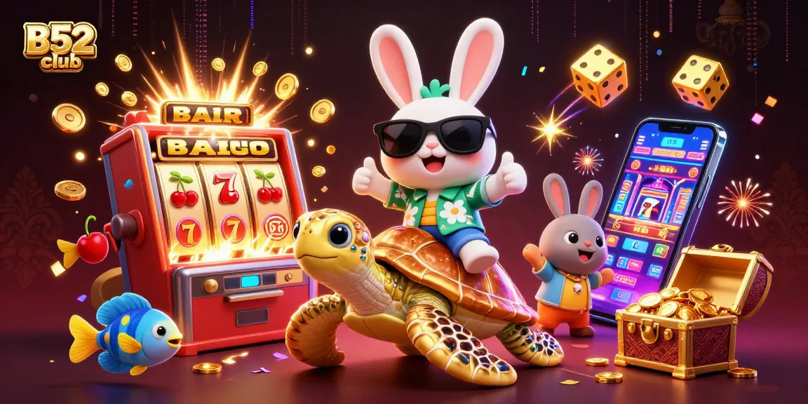 B52club offers an engaging gaming experience featuring a lucky rabbit and a golden turtle winning big with colorful slot-themed elements.