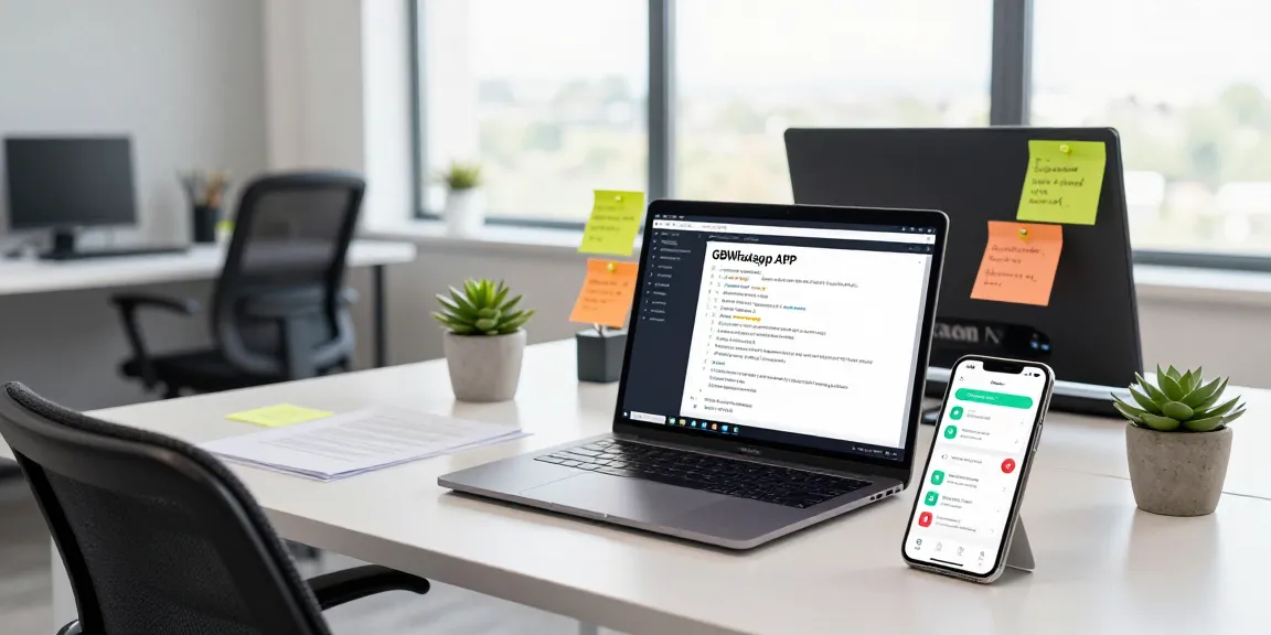 App developer working on gbwhatsapp APK code at a modern desk with bright surroundings.