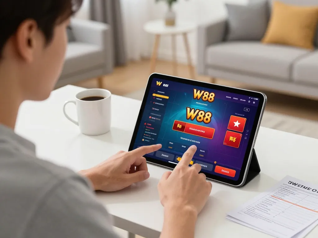 Excited player engaging in online W 88 casino game on tablet, cozy modern home setting.