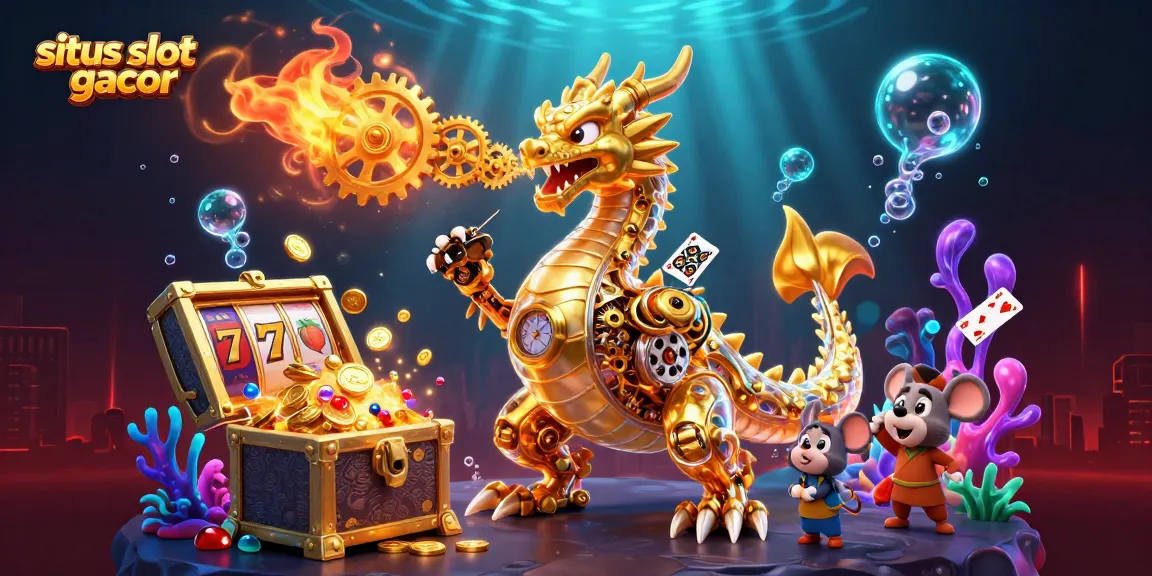 Engage with situs slot gacor through a vibrant, dynamic illustration showcasing a biomechanical dragon amidst exciting casino elements.