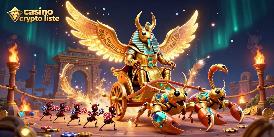 Illustration captivante de la scène de liste de casinos crypto avec un scarabée en armure, des scorpions et des soldats de fourmis.