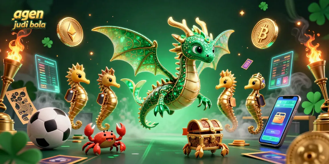 Bet on agen judi bola with vibrant betting scene featuring a dragon, sports elements, and crypto coins.