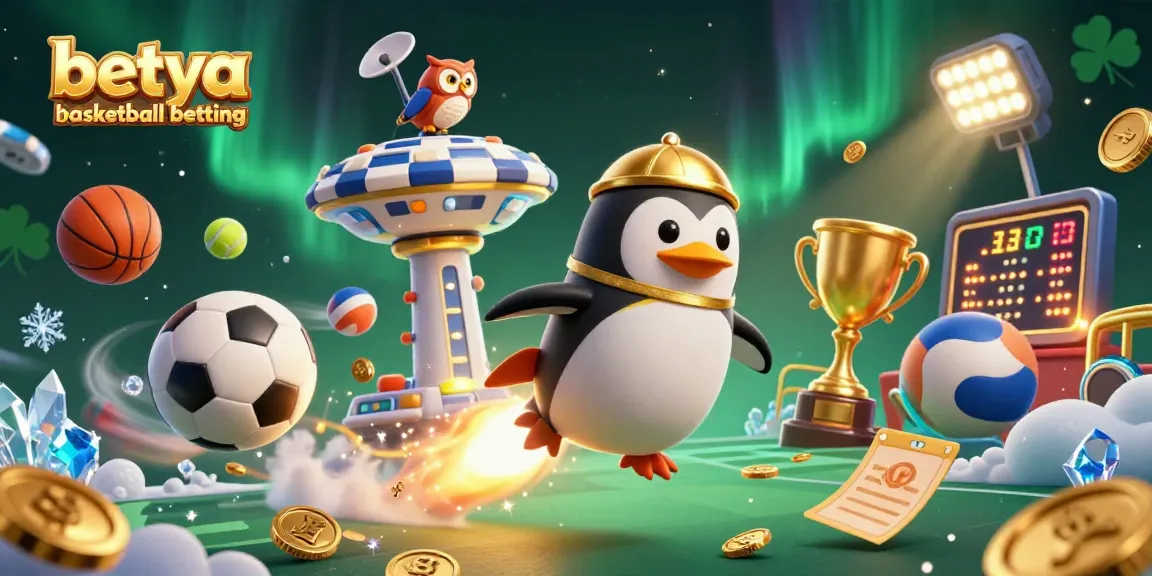 Engage in betya basketball betting with a dynamic scene of a golden penguin launching toward a casino space station.