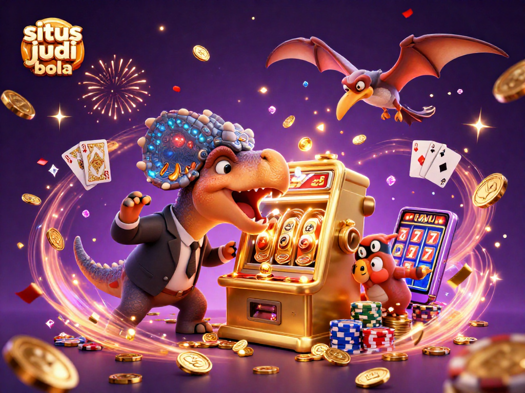 Action-packed illustration of situs judi bola with animated characters winning jackpots and flying coins.