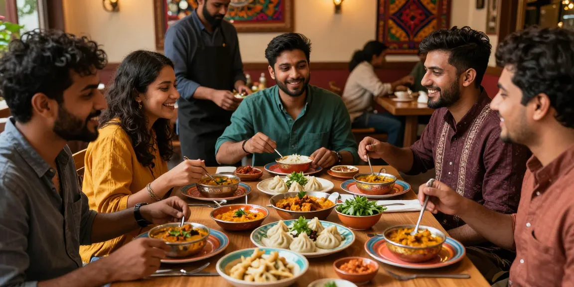 Friends enjoying rokok88's premium Indian curry and Nepalese momo in a vibrant restaurant setting.