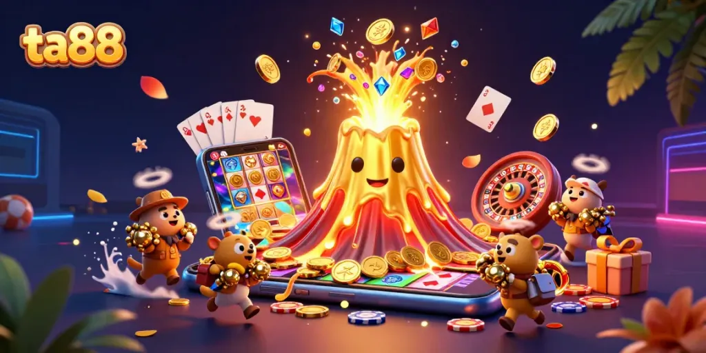 Experience ta88 as golden treasures erupt from a volcano with thrilling casino elements.