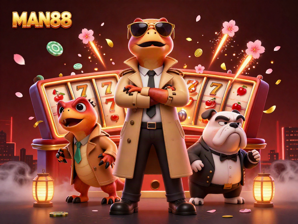 Experience the thrill of MAN88 with raptors sneakily entering a VIP casino, filled with vibrant game elements.