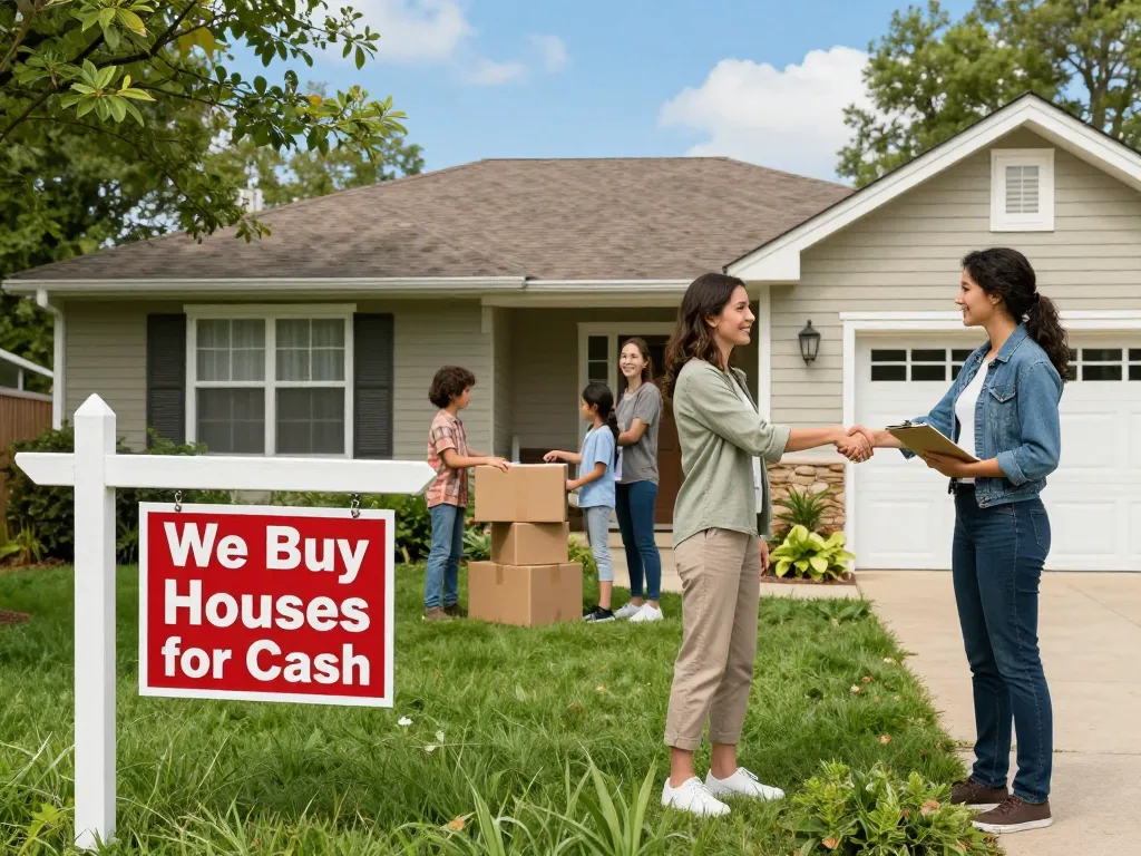 We buy houses for cash agreement between sellers and buyers outside a charming suburban home.