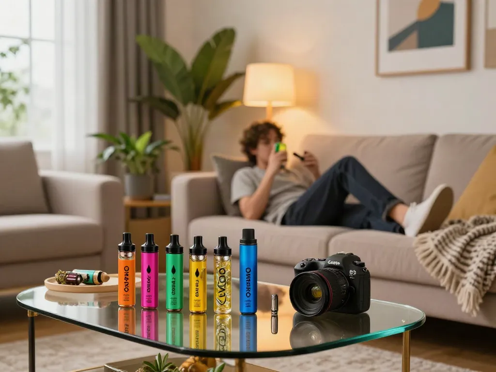 Person enjoying Alien Labs Live Resin disposable vape in a stylish living room.