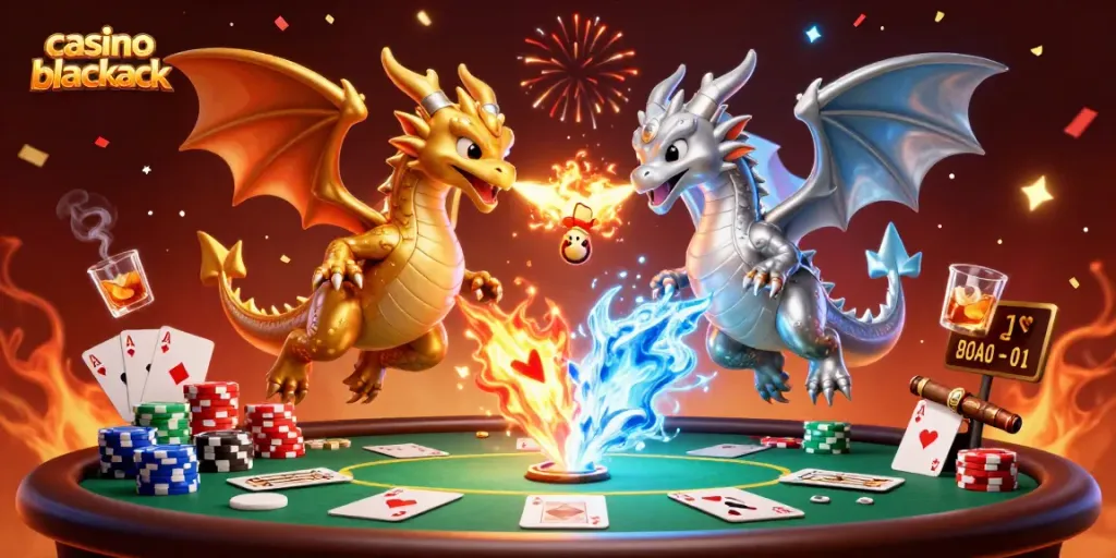 Juega en el casino blackjack con una emocionante representación 3D de dragones y fichas de juego.