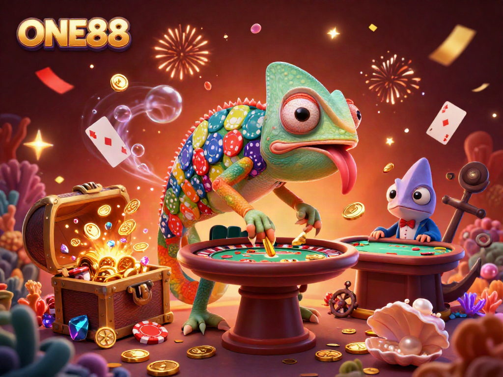 Experience ultimate entertainment at ONE88 with energetic chameleon owner and casino-themed elements