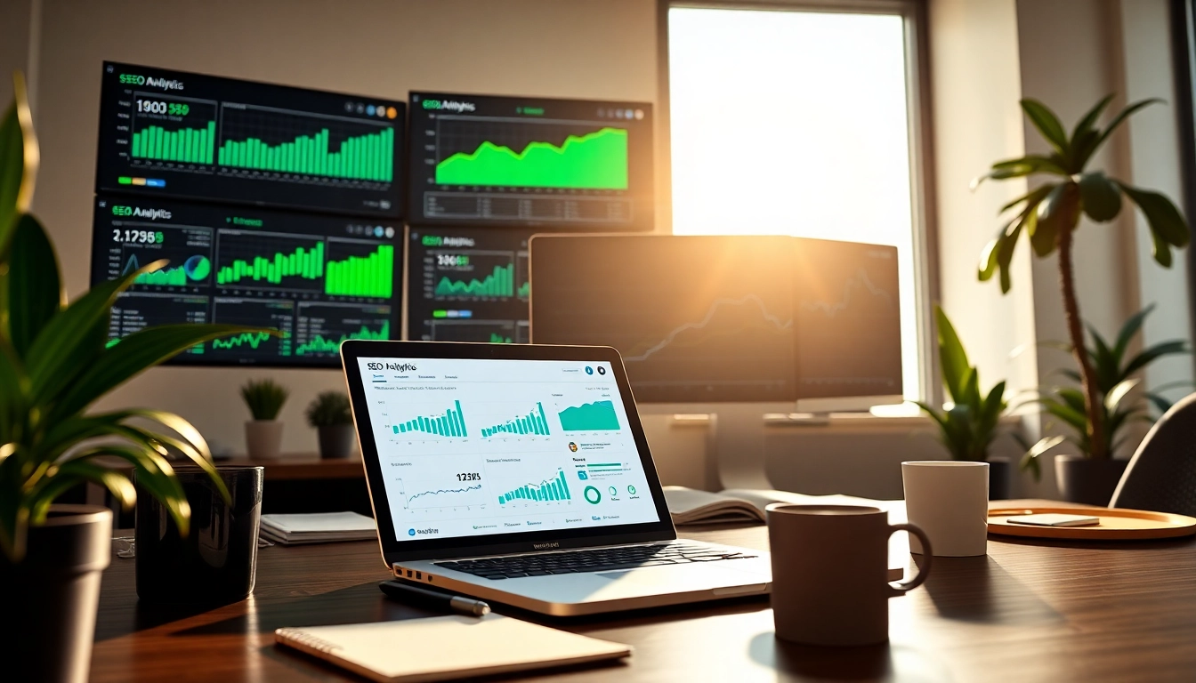 Analyze SEO performance metrics in a vibrant digital workspace.