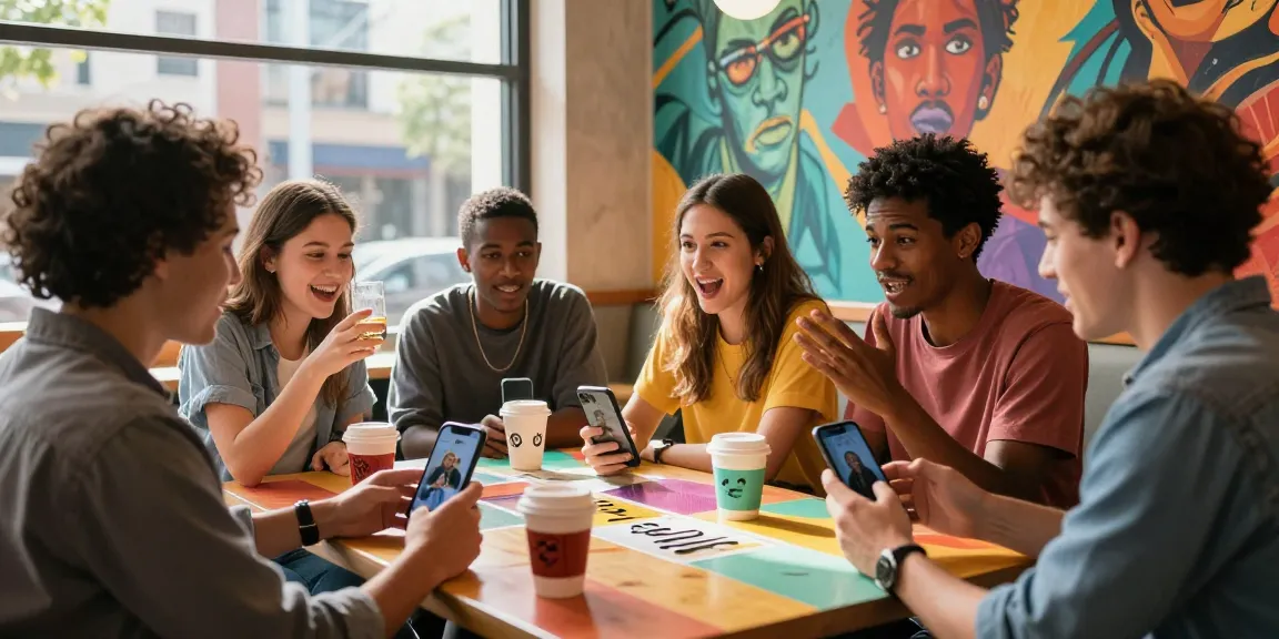 Friends engaging in a lively "smash or pass" game while enjoying coffee at a vibrant café table.