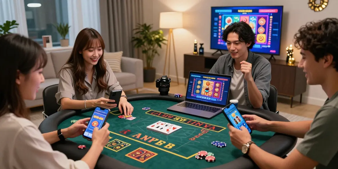 Group celebrating in a lively living room while playing at casinos that accept credit cards, showcasing colorful slot graphics and gaming excitement.