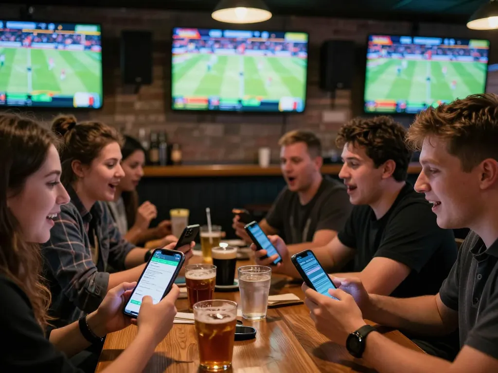 Engaged patrons at nhà cái 388bet sports betting, analyzing live odds and cheering during matches.