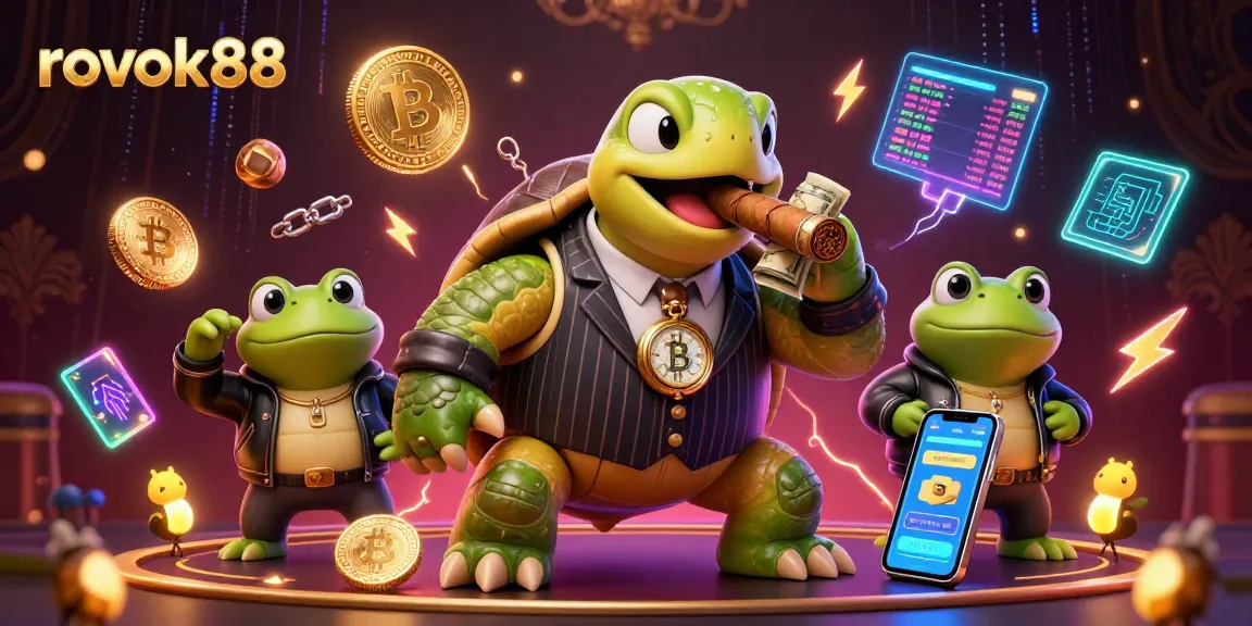 Experience thrilling action with rokok88 in a vibrant, detailed casino scene featuring a snapping turtle and bullfrog enforcers.