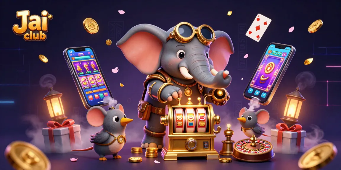 Jai club engaging players with a steampunk-themed gaming scene featuring a cartoon elephant operating a golden slot machine.