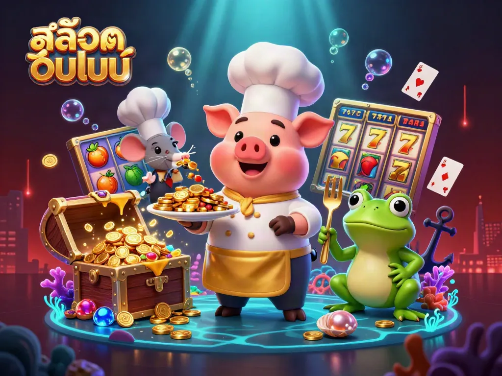 หมูนุกกับเหรียญทองที่วงล้อสล็อตออนไลน์ในคาสิโน