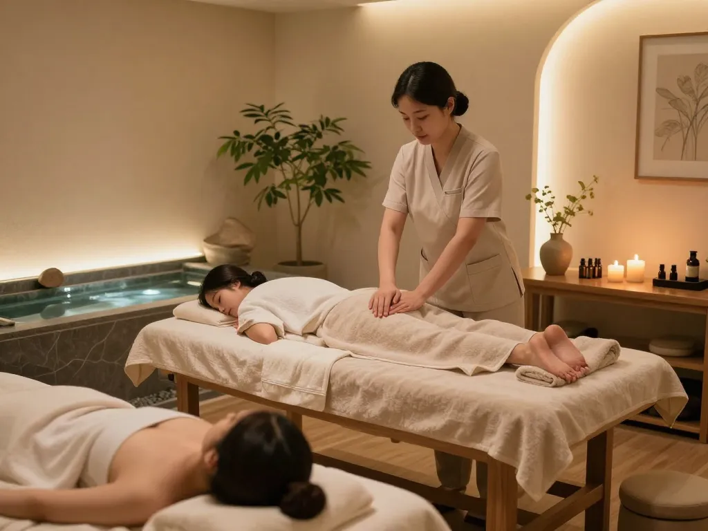 Relaxing massage room ambiance for 논현동마사지 with calming decor and essential oils.