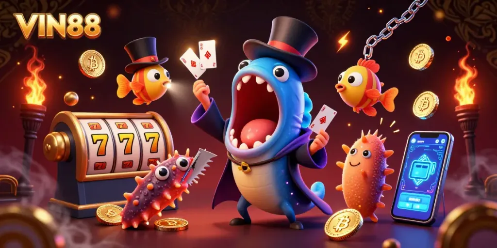 VIN88 showcases an exciting casino scene with unique characters performing a magic act in a vibrant underwater setting.