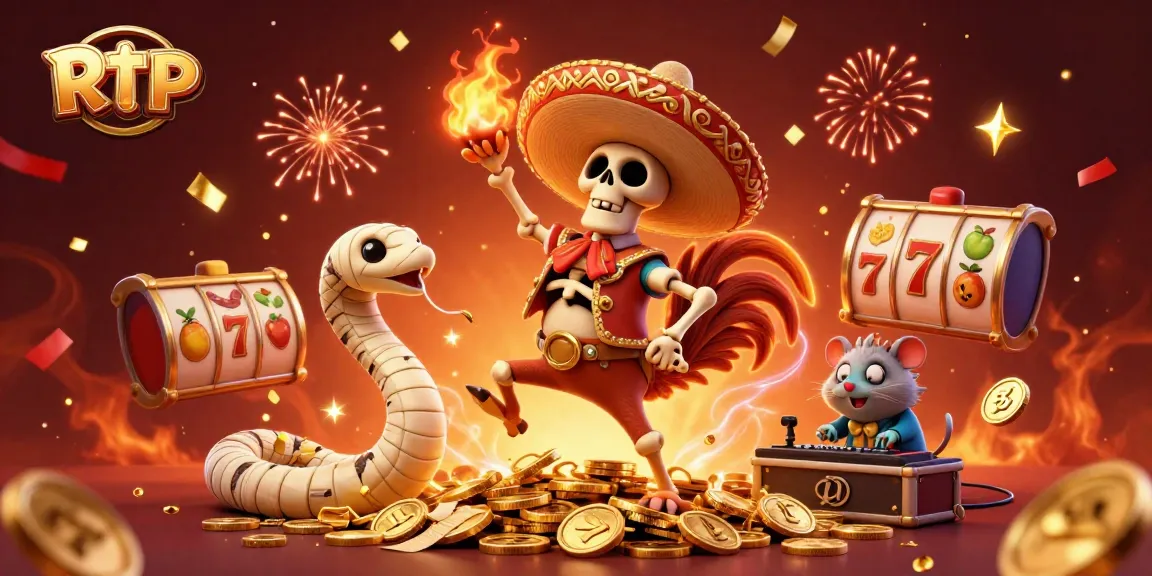 Engage with RTP casino rewards while celebrating with animated characters in a vibrant slot-themed scene.