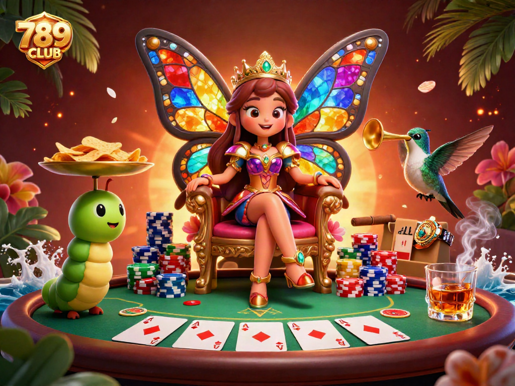 Experience the vibrant casino life at 789CLUB with a butterfly queen and poker excitement!