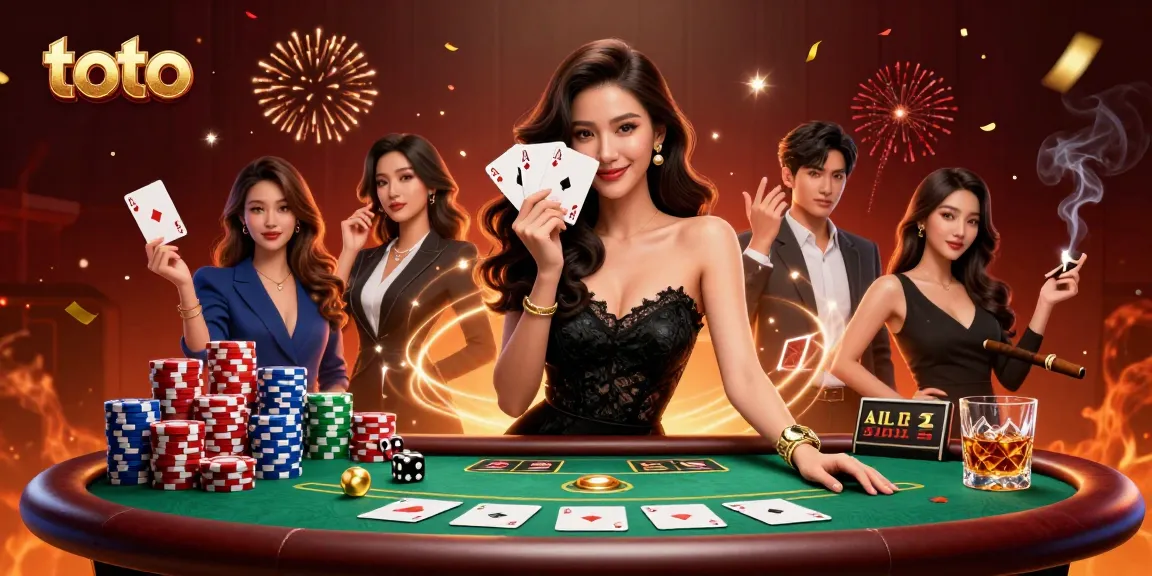 Engage with toto casino thrills through an elegant scene featuring an Asian woman holding playing cards amidst a lavish backdrop.