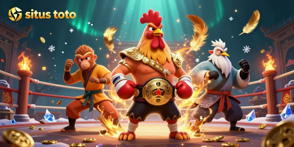 Win at situs toto in a dynamic, action-packed 3D casino illustration with vibrant characters.