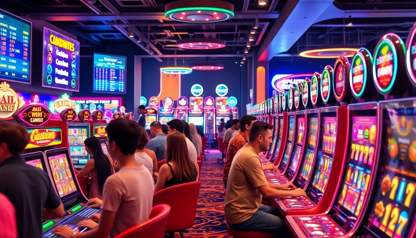 Engaged players enjoying games at a Non Uk Casino with vibrant lights and diverse atmosphere.