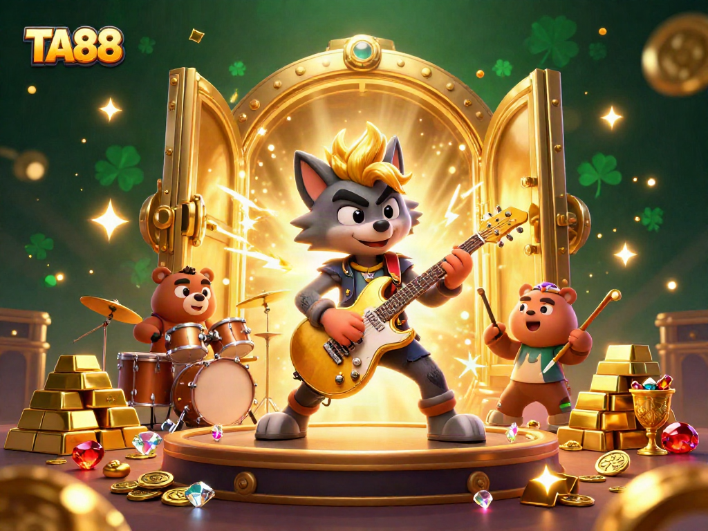 TA88 delivers thrilling gameplay with cartoon characters rocking a casino stage amidst treasure.