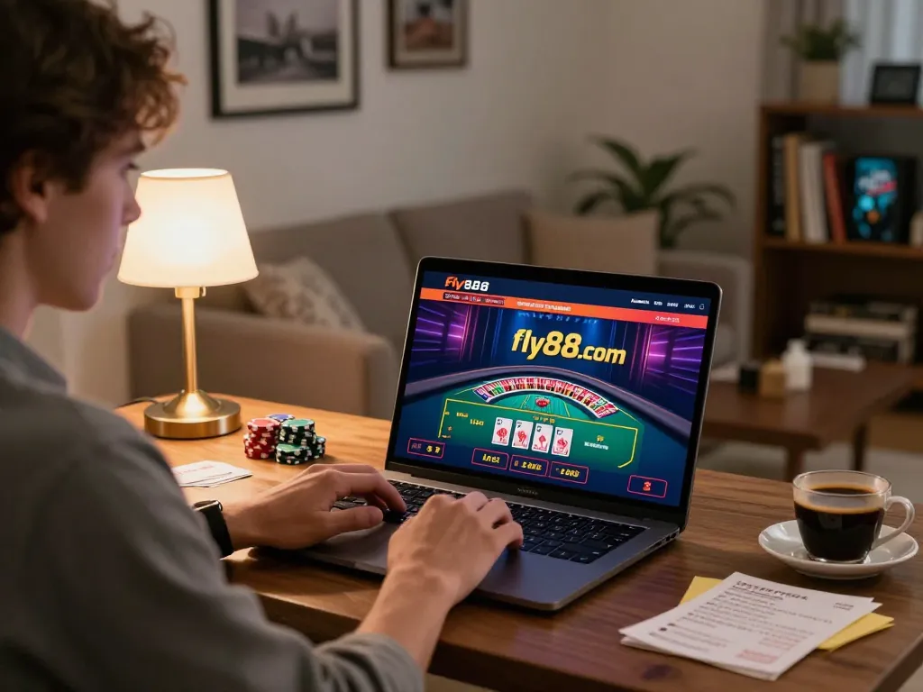 Engaging with live dealer game on fly88, showcasing online gambling excitement at home.