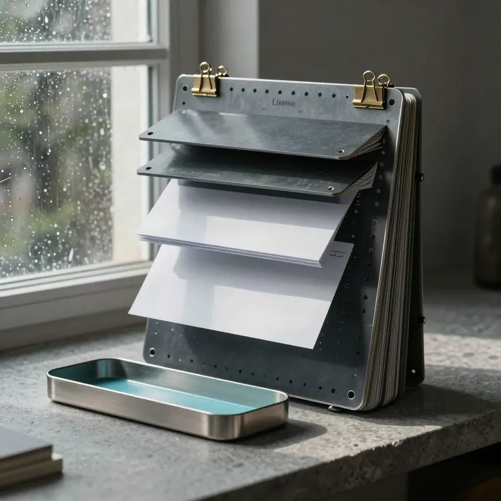 Graphite project boards, brass clips, and an inbox tray by a rain-lit window.