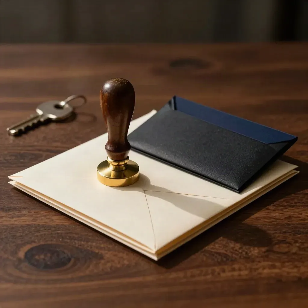 Brass stamp, black card holder, and sealed envelope stack on dark walnut in dramatic side light.