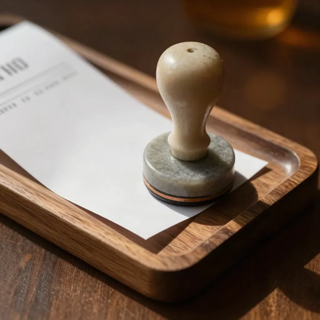 Receipt tray, rubber stamp, and stone paperweight on warm wood with soft bokeh