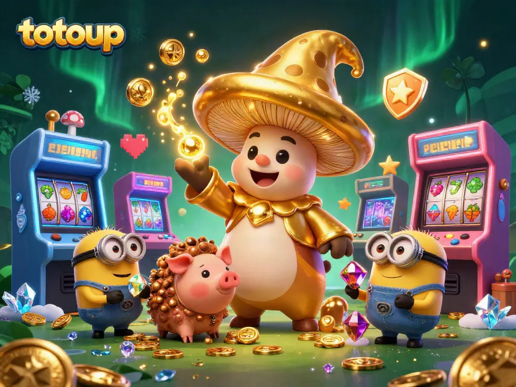 Experience totoup's enchanting world of gaming with a dynamic mushroom wizard and treasure-hunting pig.
