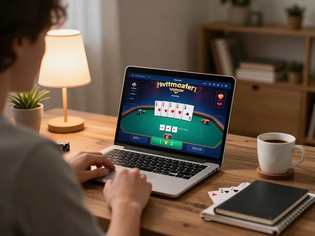 Player enjoying online poker at home on alexis77 platform, showcasing strategic gaming atmosphere.