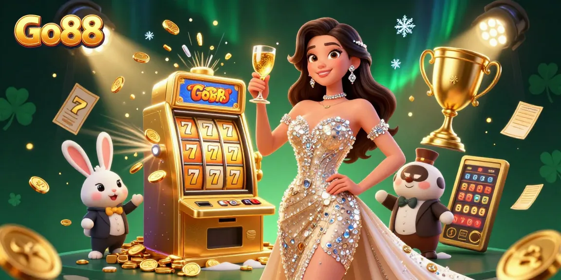 Experience vibrant winnings at Go88 with a stunning woman celebrating beside a jackpot slot.