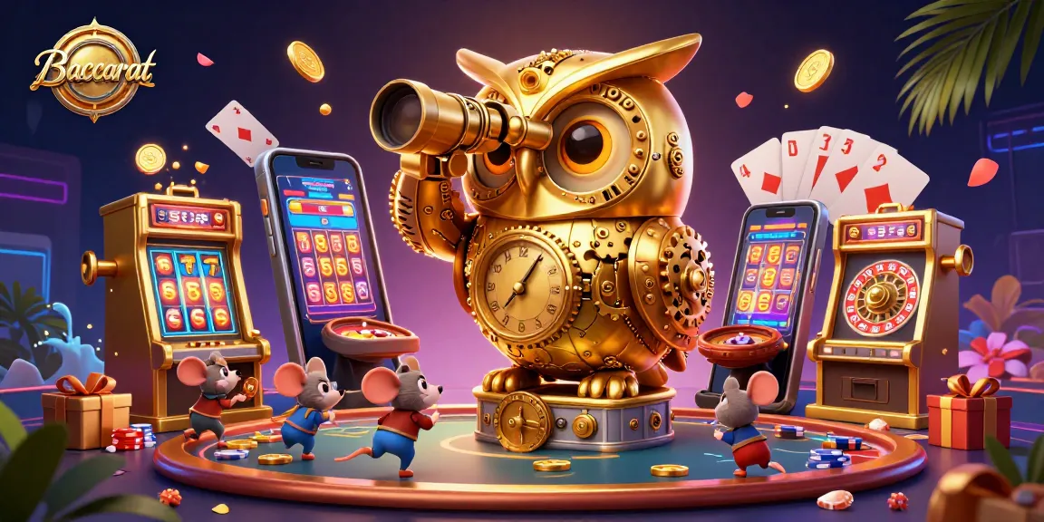 Baccarat game scene with a clockwork owl and casino elements, showcasing dynamic gambling energy.