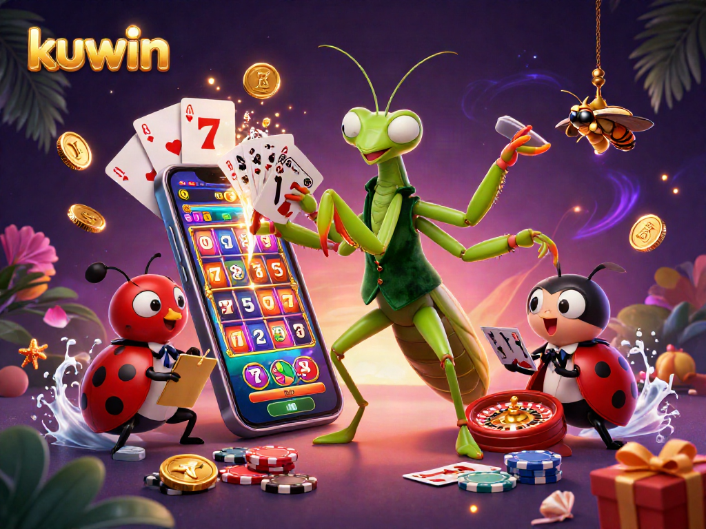 Kuwin showcases engaging casino fun as a giant praying mantis dealer shuffles cards and a ladybug oversees action.