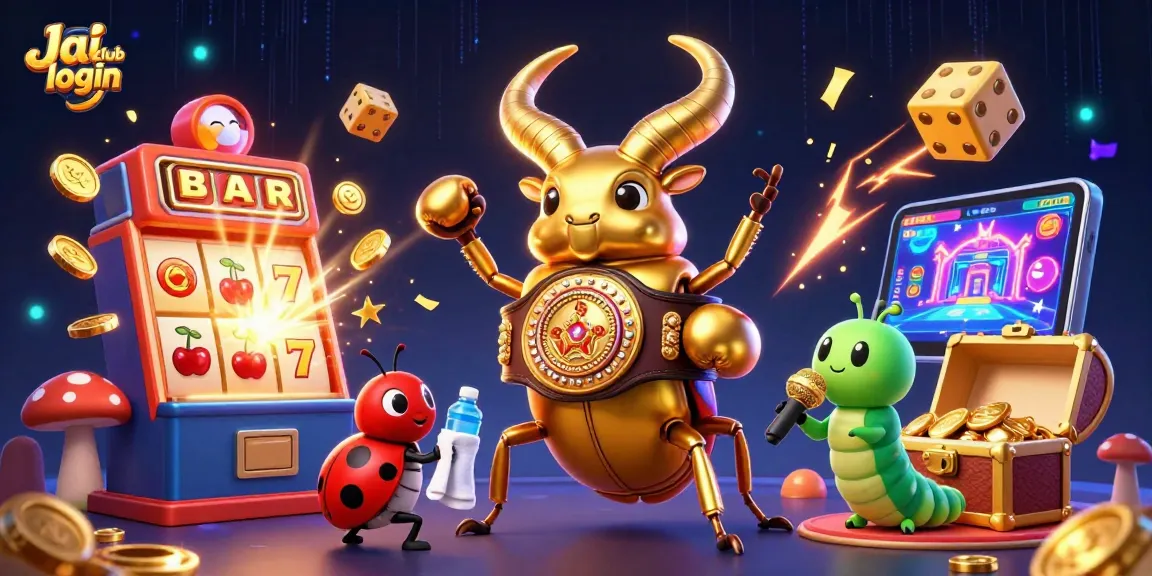 The dynamic scene showcases Jai club login with a glowing stag beetle champion under a jackpot explosion, immersing players in the gambling experience.