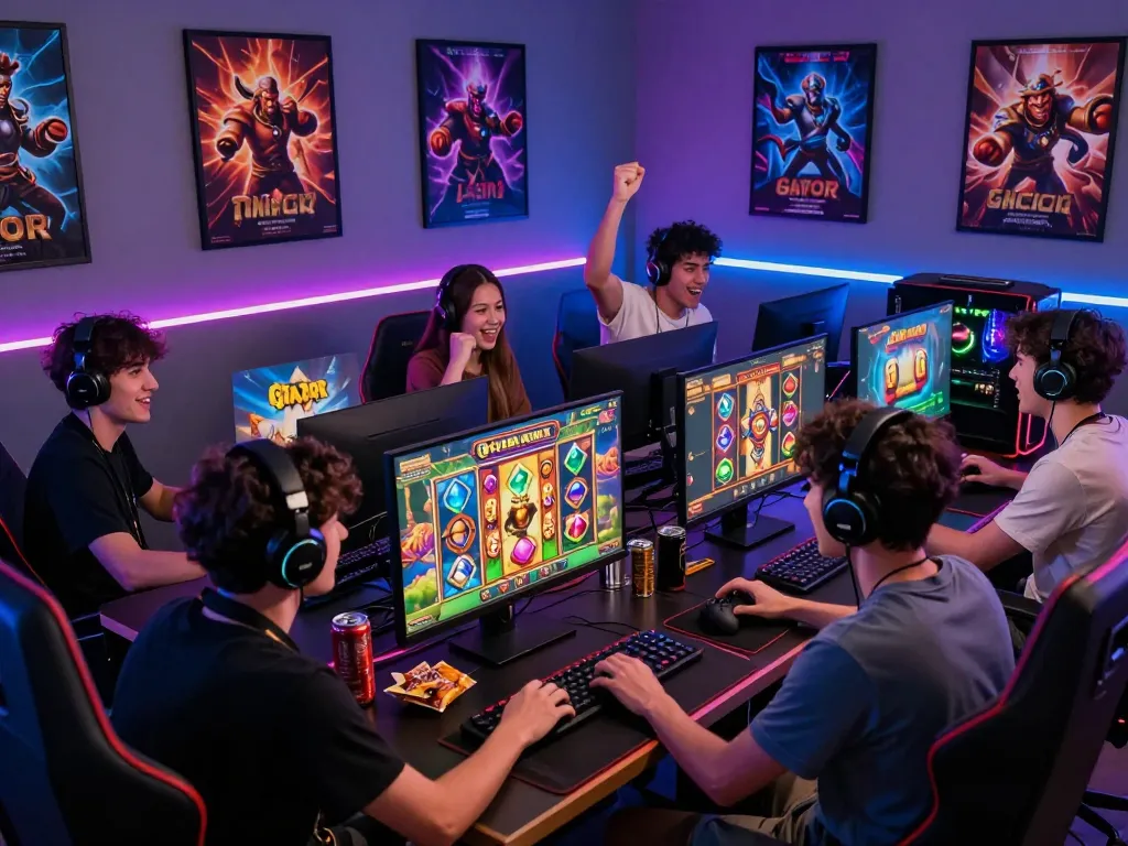 Para gamer bersemangat bermain slot gacor hari ini di ruang permainan yang hidup dengan lampu dan dekorasi berwarna-warni.