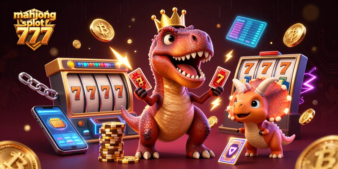 Experience thrilling gameplay in mahjong slot 777, where T-Rex deals cards and chips stack high in a vibrant casino scene.